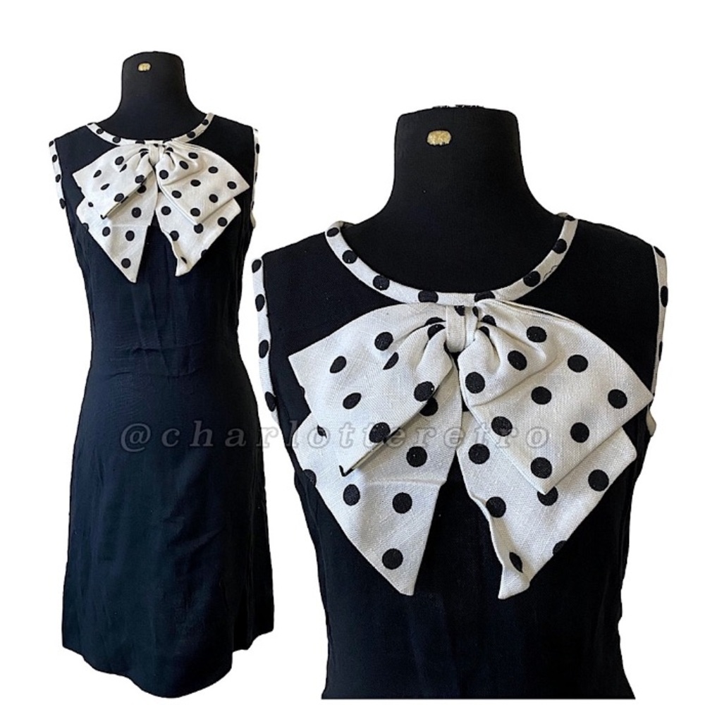 60s mod Linen Shift Dress w Polka Dot Bow